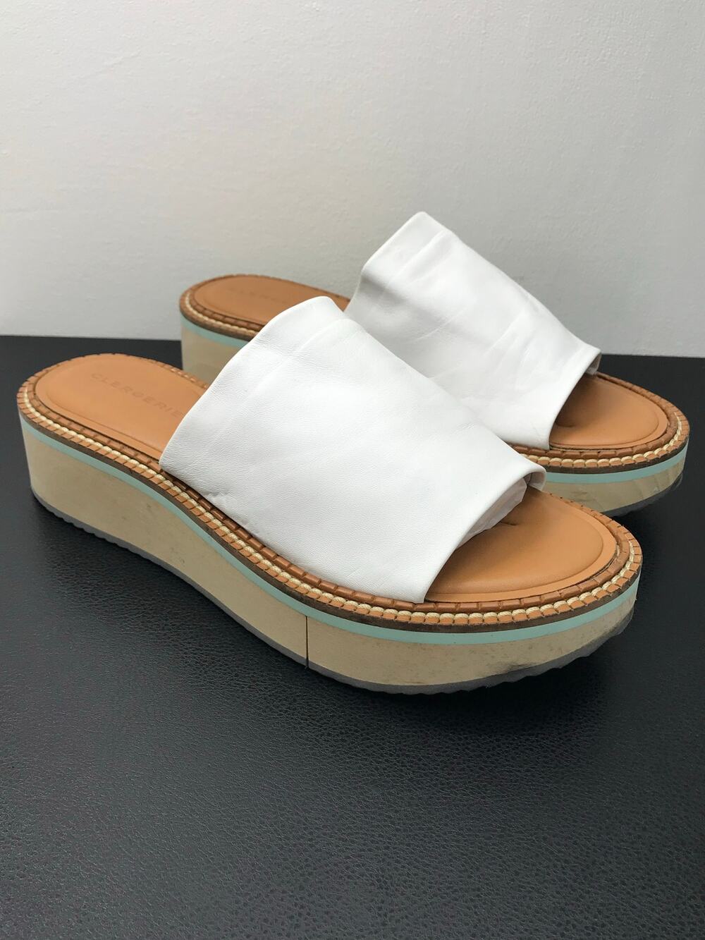 Robert Clergerie Fast Flatform White Platform Slide Sandals Wood Blue Leather